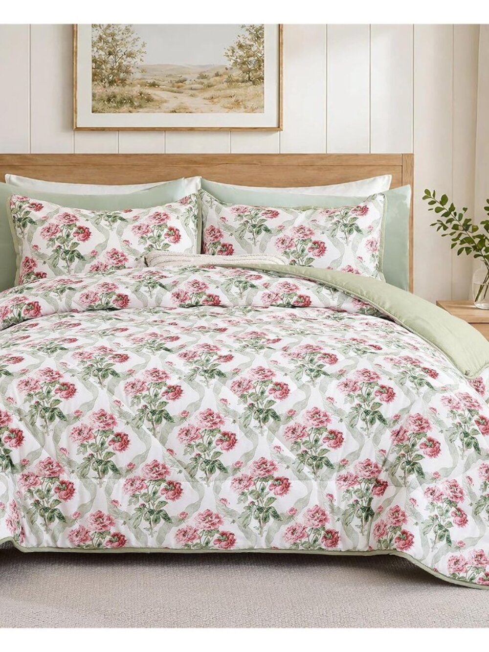 French Country Floral Cotton Queen Comforter Set 3 Piece - Blush Peony Botanical